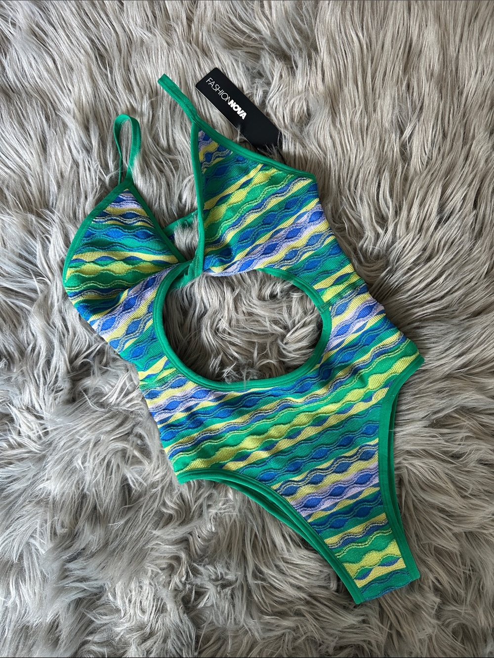 Fashion Nova - Green Blue Yellow Wave-Print Kids One-Piece Swimsuit - SIZE S
